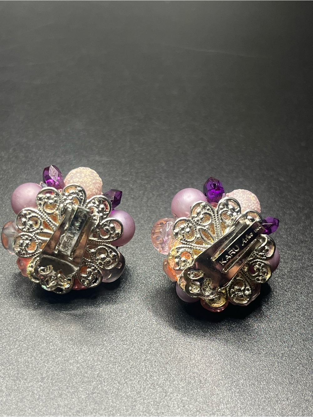 Vintage KARU Cluster Clip On Earrings Pink Lavender Purple Beaded statement - Picture 7 of 8